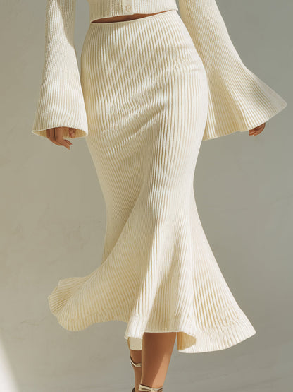 Elegant And Exquisite Beige Round Neck Knitted Cardigan Fishtail Skirt Set