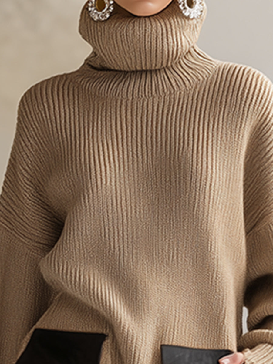 Fashionable Lazy High-neck Khaki Knitted Pocket Midi Dress