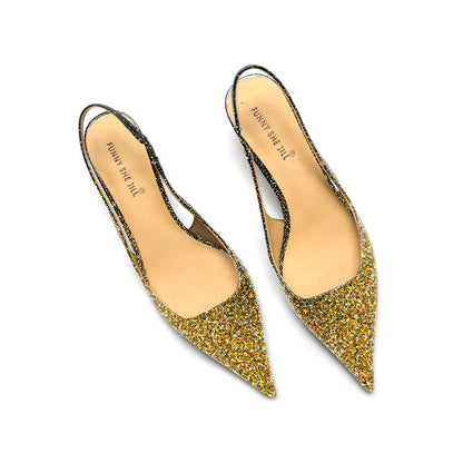 Glitter Pointed Toe Sparkling Gold Slingback Kitten Heel Pump For Women