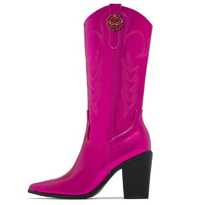 Fuchsia Metallic Finish Pointed Toe Heeled Cowgirl Boots with Flower