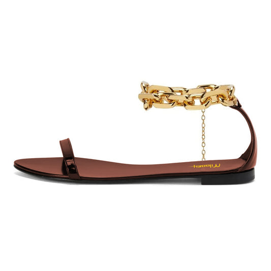 Fashion Brown Open Toe Gold Chain Flat Sandals for Women