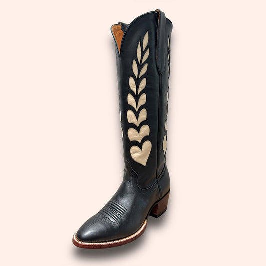 Beige & Black Inlay Round Toe Chunky Heel Wide Calf Cowgirl Boots