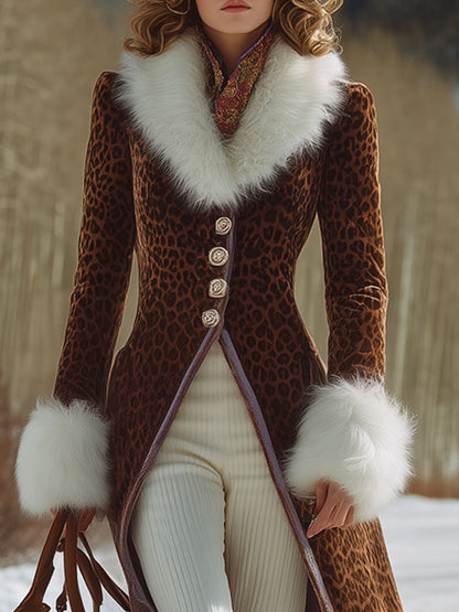 Fashion Retro Brown Leopard Velvet Faux Fur Collar Long Coat