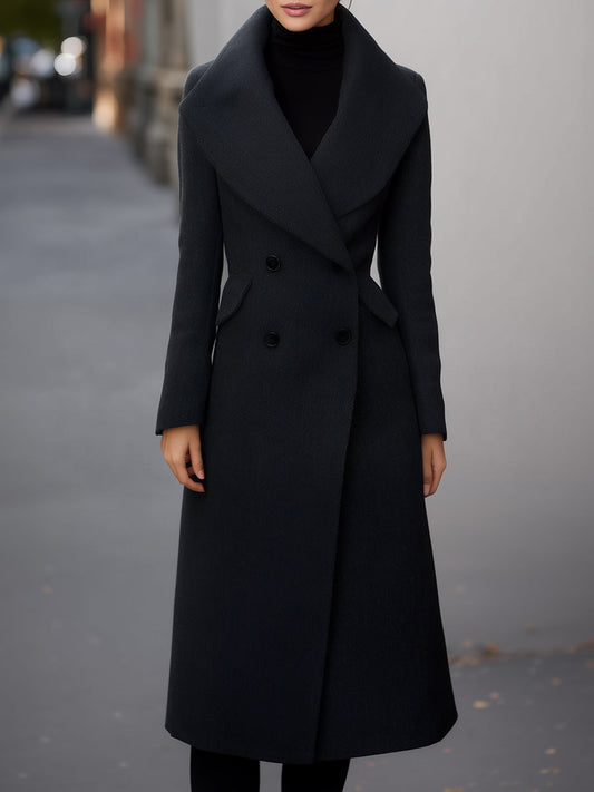 Double-Breasted Long Wool Coat With Oversized Shawl Collar