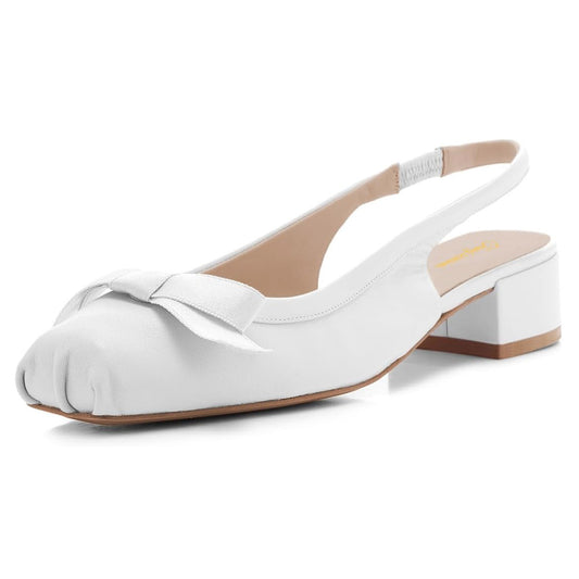 Elegant White Bow Decor Square Toe Block Heel Slingback Pumps