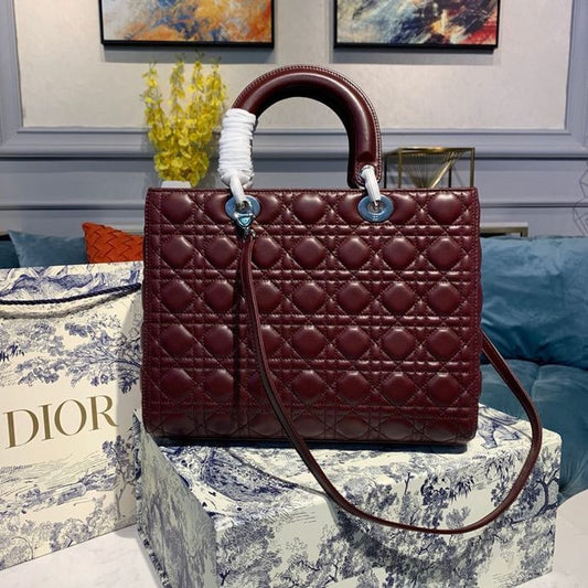 DI Large Lady Bag Silver Hardware Burgundy Cannage For Women 12.5in/32cm CD