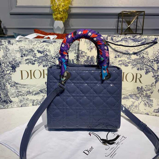 DI Medium Lady Bag Silver Hardware Deep Blue Patent For Women 9.5in/24cm CD