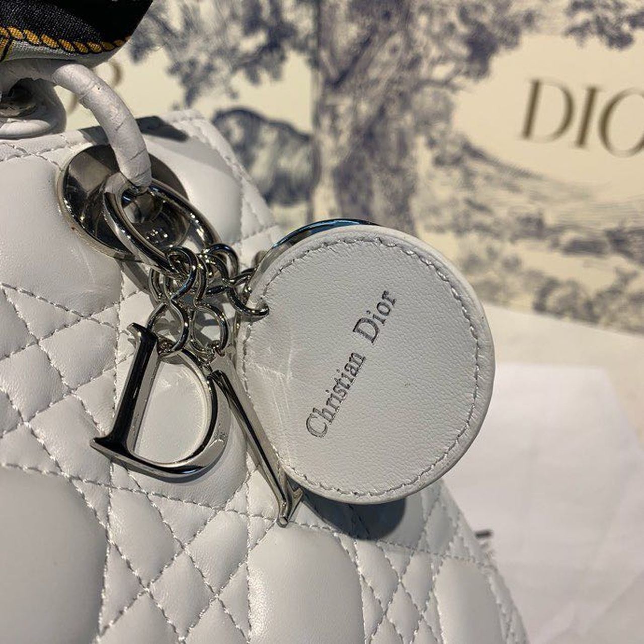 DI Medium Lady Bag Silver Hardware with Embellished Bag Strap White For Women 9.5in/24cm CD