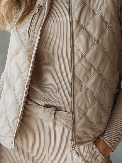 Fashionable Casual Quilted Beige Vest
