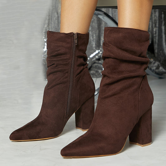 Dark Brown Vegan Suede Pointed Toe Pleated Design Heeled Ankle Boots