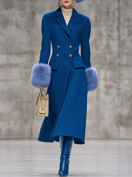 Elegant And Fashionable Blue Plush Cuffs Woolen Coat