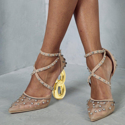 Beige Mesh Closed Toe 4'' Decorative Heel Rhinestone Strappy Pumps