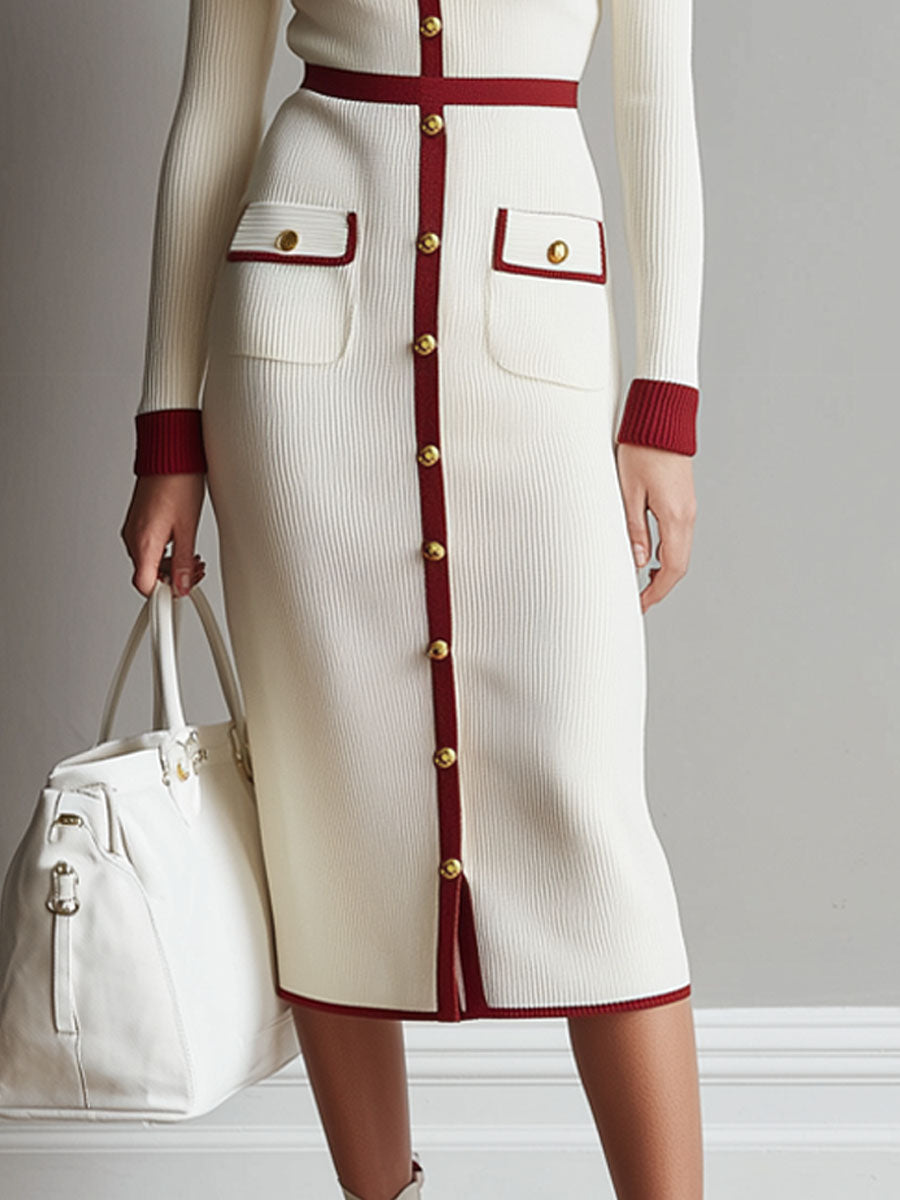 Elegant Lapel Contrast Shirt-style Knitted Midi Dress