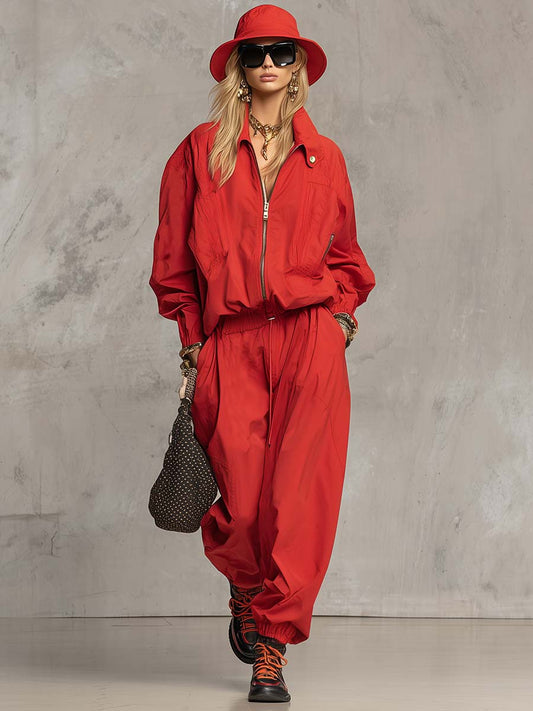 Exquisite Casual Sporty Front Zipper Waist Drawstring Red Nylon Jumpsuit