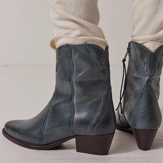 Fashion Navy Pointed Toe Zipper Ankle Boots with Chunky Heel