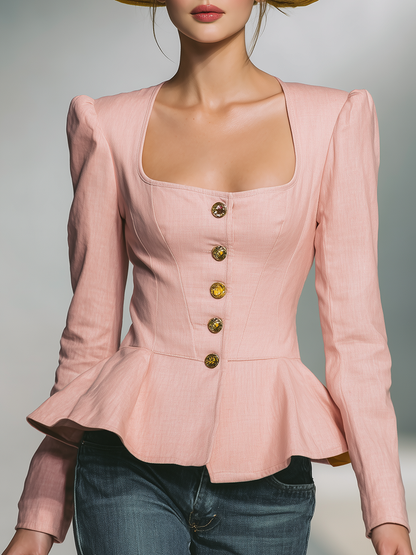 Elegant Square Collar Metal Button Peplum Shirt