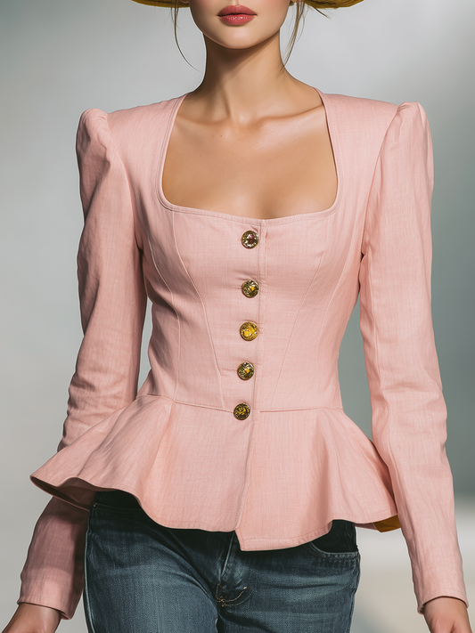 Elegant Square Collar Metal Button Peplum Shirt