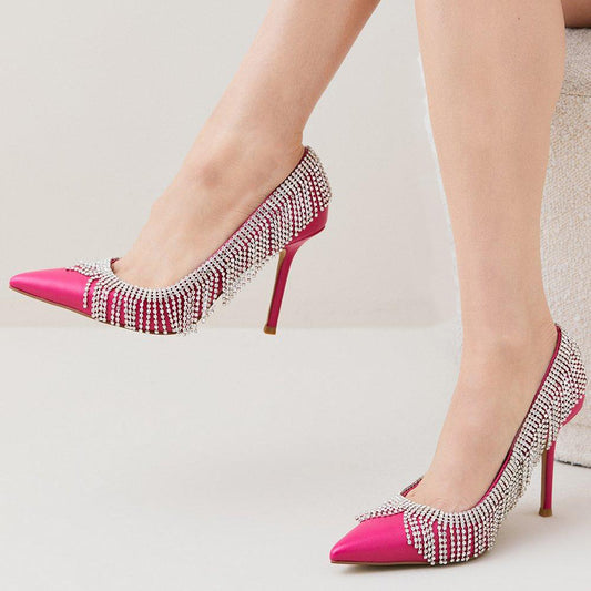 Elegant Fuchsia Pointed Toe Rhinestone Fringe Stiletto Court Shoes