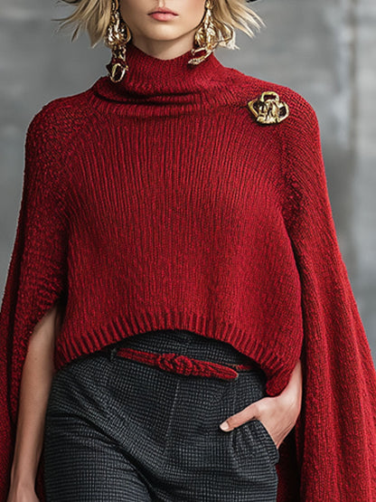 Fashion Retro Red Knitted Cape Sweater