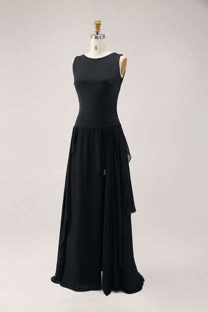 Elegant Black Sleeveless Dress High Slits Slim Fit Chic Midi Dress