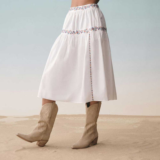 Beige Snip Toe 3'' Chunky Heel Embroidered Mid-Calf Cowgirl Boots