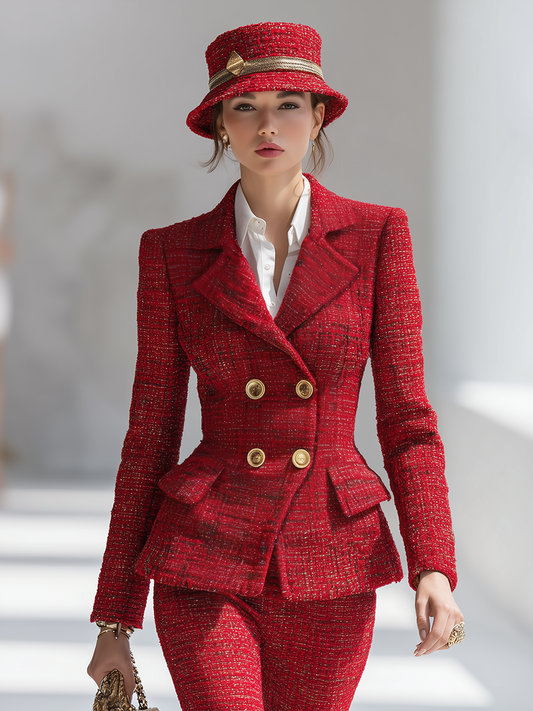 Elegant Vintage Gold Double-breasted Tweed Blazer