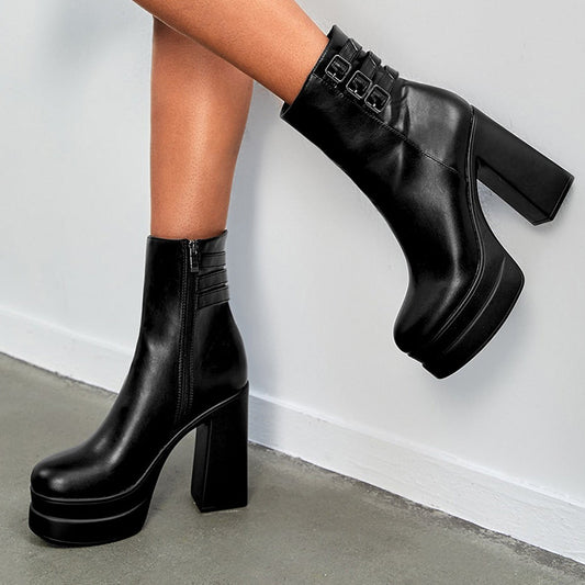 Full Black Platform Booties Round Toe Triple Buckle Heeled Boots