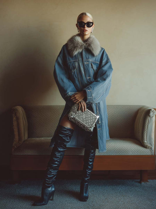 Fashionable And Casual Loose Detachable Faux Fur Collar Blue Denim Mid-length Coat