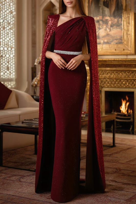 Formal Evening Sequin Dress Belted Burgundy Floor-Length Gown