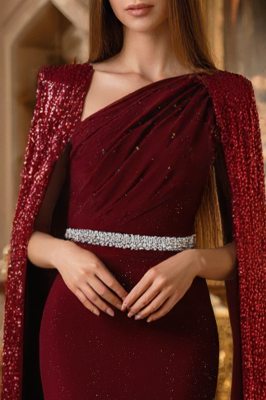 Formal Evening Sequin Dress Belted Burgundy Floor-Length Gown