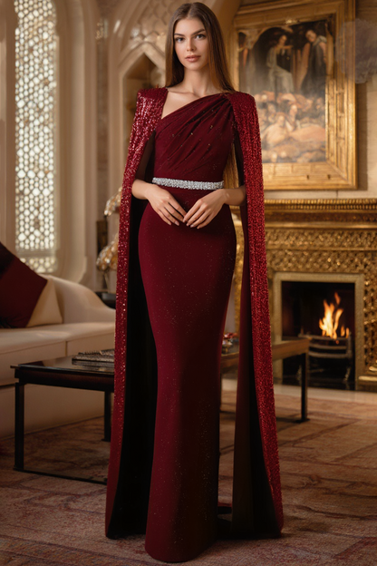 Formal Evening Sequin Dress Belted Burgundy Floor-Length Gown