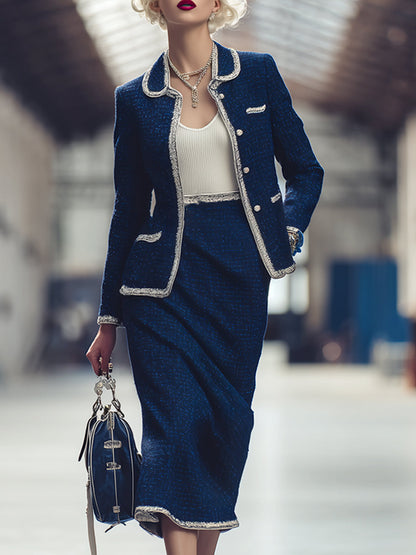 Elegant And Exquisite Blue Lapel Tweed Jacket And Skirt Set