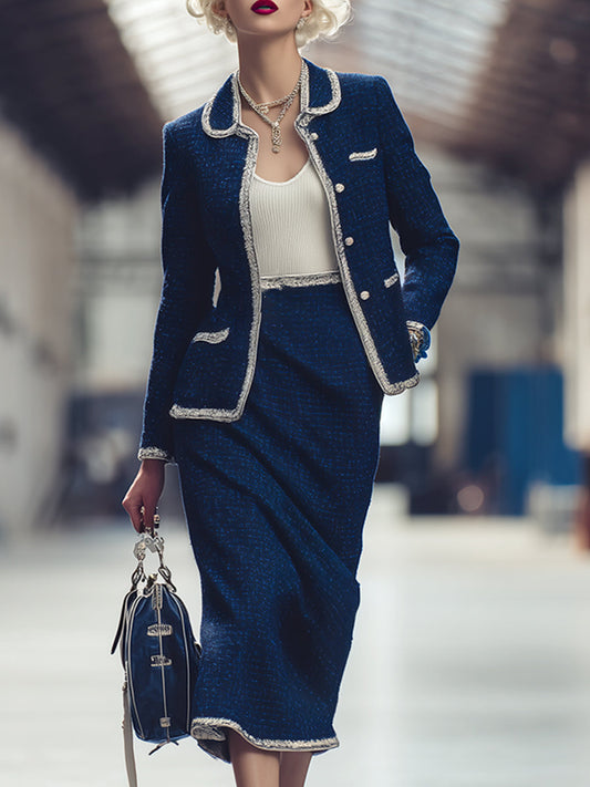 Elegant And Exquisite Blue Lapel Tweed Jacket And Skirt Set