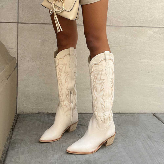 Beige Pointed Toe Chunky Heel Embroidered Knee High Cowgirl Boots