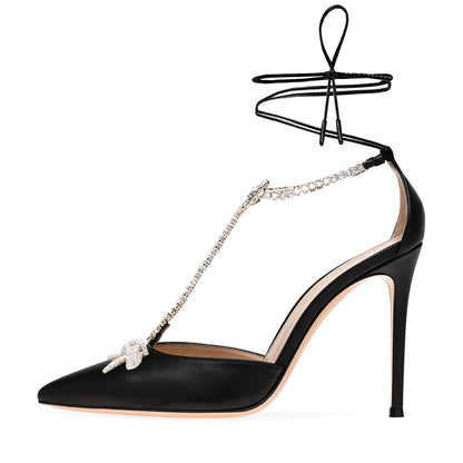 Elegant Black Pointed Toe Rhinestone T Strap Lace Up Stiletto Heels