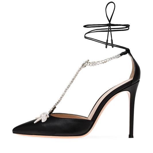 Elegant Black Pointed Toe Rhinestone T Strap Lace Up Stiletto Heels