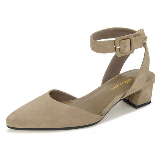 Beige Pointed Toe Block Heel Pumps Shoes with Buckle Ankle Strap