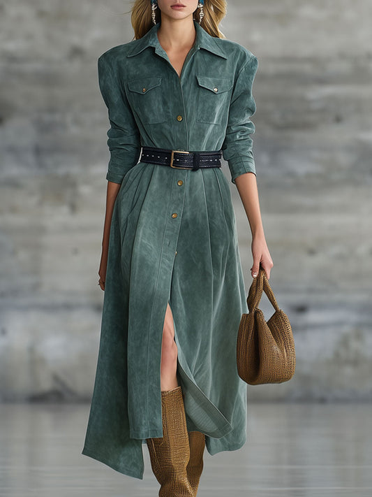 Fashion Retro Teal Faux Suede Long Sleeve Lace-Up Midi Dress