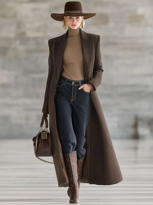 Fashion Retro Brown Houndstooth Wool Long Coat