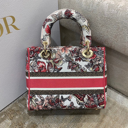 DI Medium Lady D-Lite Bag Multicolor Butterfly Embroidery, Red/Latte Handbags, 24cm CD M0565ORHQ_M884