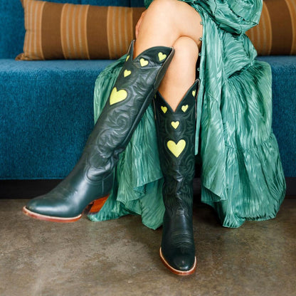 Dark Green Heart Inlay Round Toe Chunky Heel Knee-High Cowgirl Boots