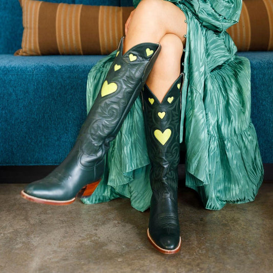 Dark Green Heart Inlay Round Toe Chunky Heel Knee-High Cowgirl Boots