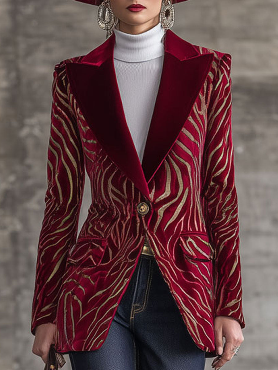Fashion Retro Gold Zebra Pattern Red Velvet Blazer