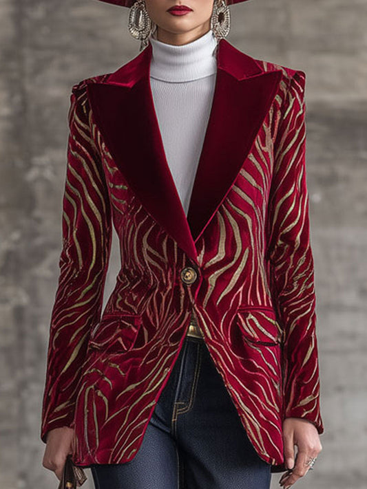 Fashion Retro Gold Zebra Pattern Red Velvet Blazer