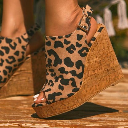 Beige Leopard Print Peep Toe Wedge Heel Sandals