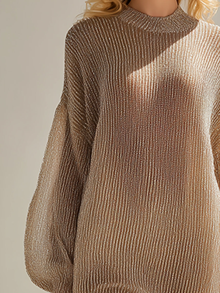 Elegant Loose Khaki Shiny Knitted Organza Hem Long Sleeve Midi Dress