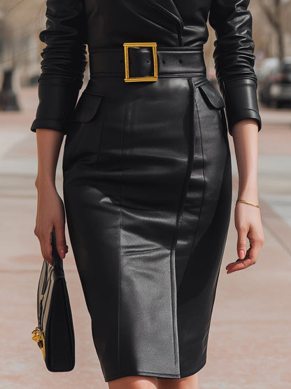 Faux Leather Belted Blazer Dress