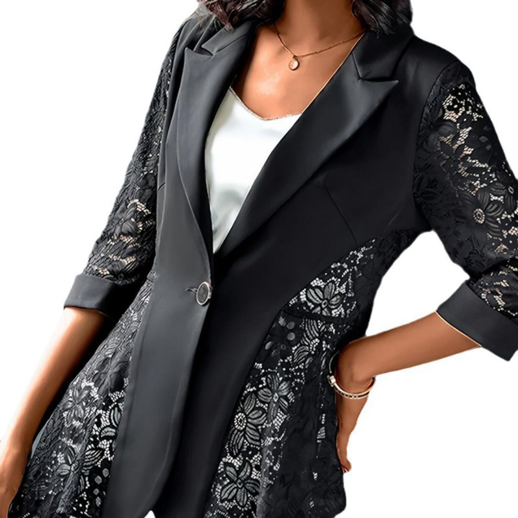 Elegant Lace Patchwork Peak Lapel 3/4 Sleeve One Button Blazer
