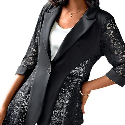 Elegant Lace Patchwork Peak Lapel 3/4 Sleeve One Button Blazer