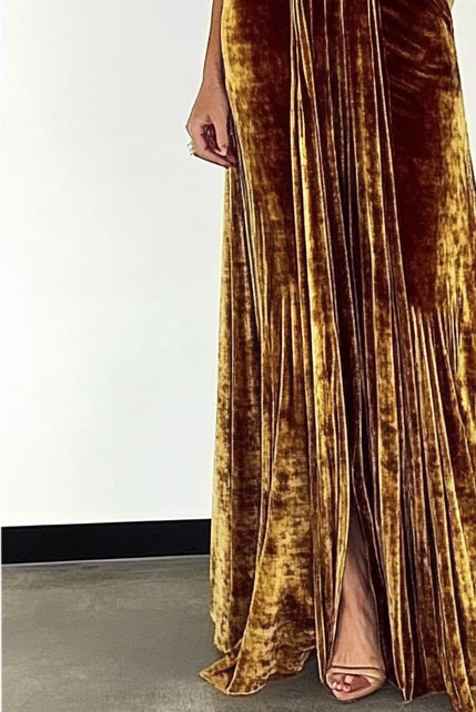 Formal Evening Dress Tan Velvet V Neck with Pockets Floor-Length Dress